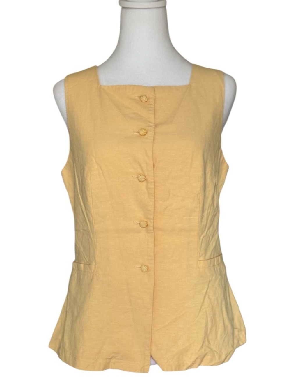 COMMENSE Linen Blend Yellow Button Front Vest Top Medium Minimal Tailored